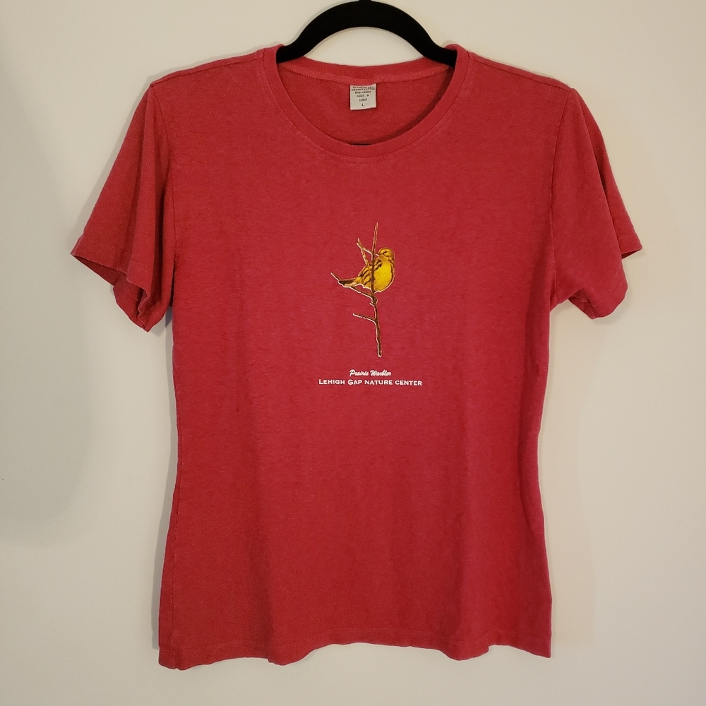 55% Hemp Red T Shirt with Warbler Bird